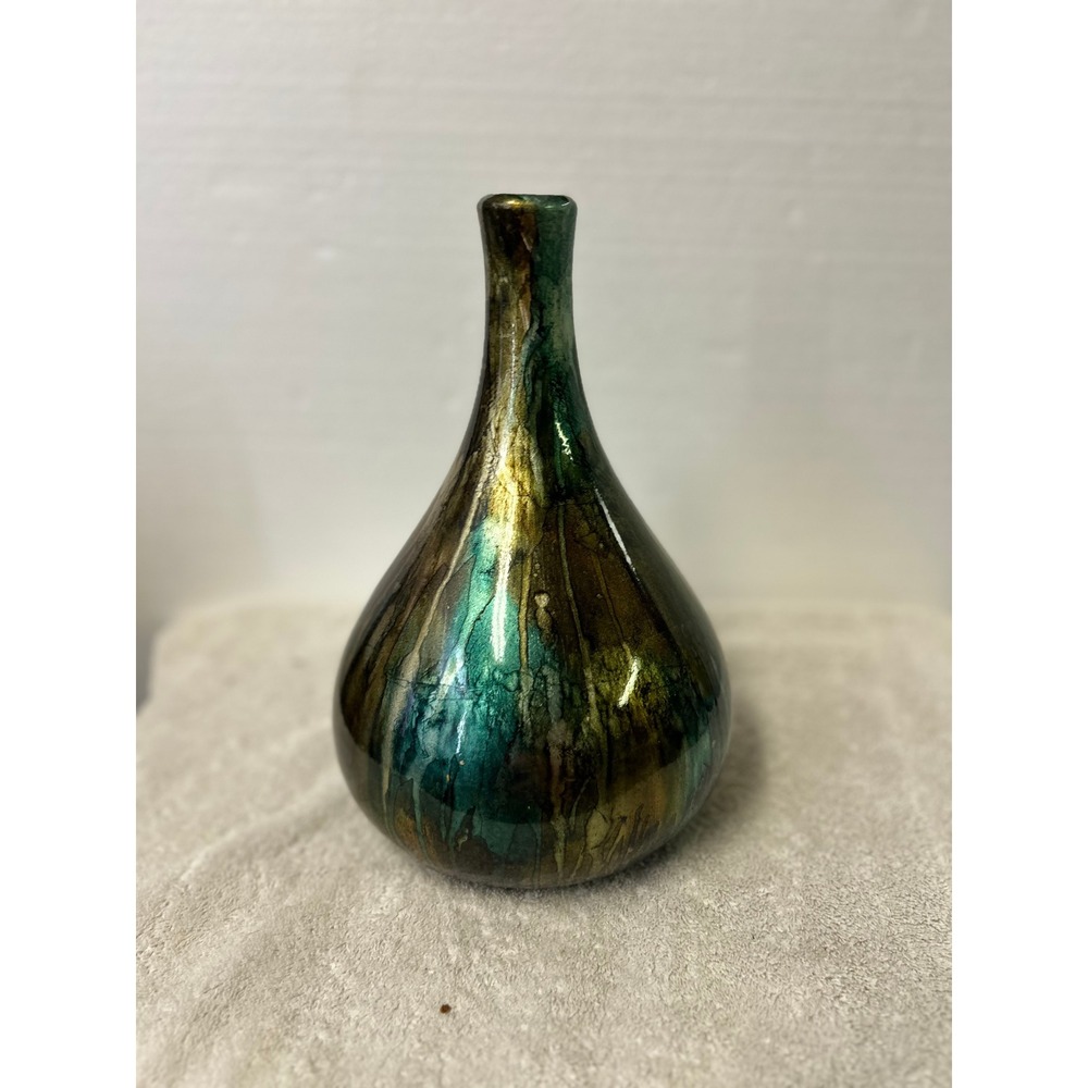 Hand Painted Drip Glaze Ceramic Bud Vase Emerald Green Bronze Gold 11 Inch